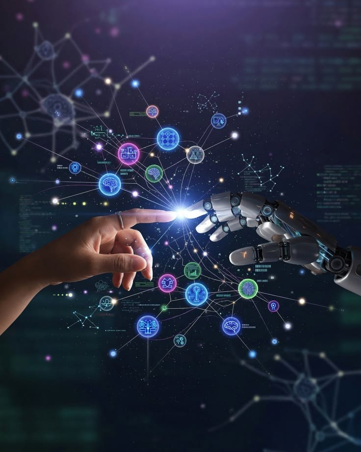 A human hand and a robotic hand reaching toward each other, representing human teams working alongside AI