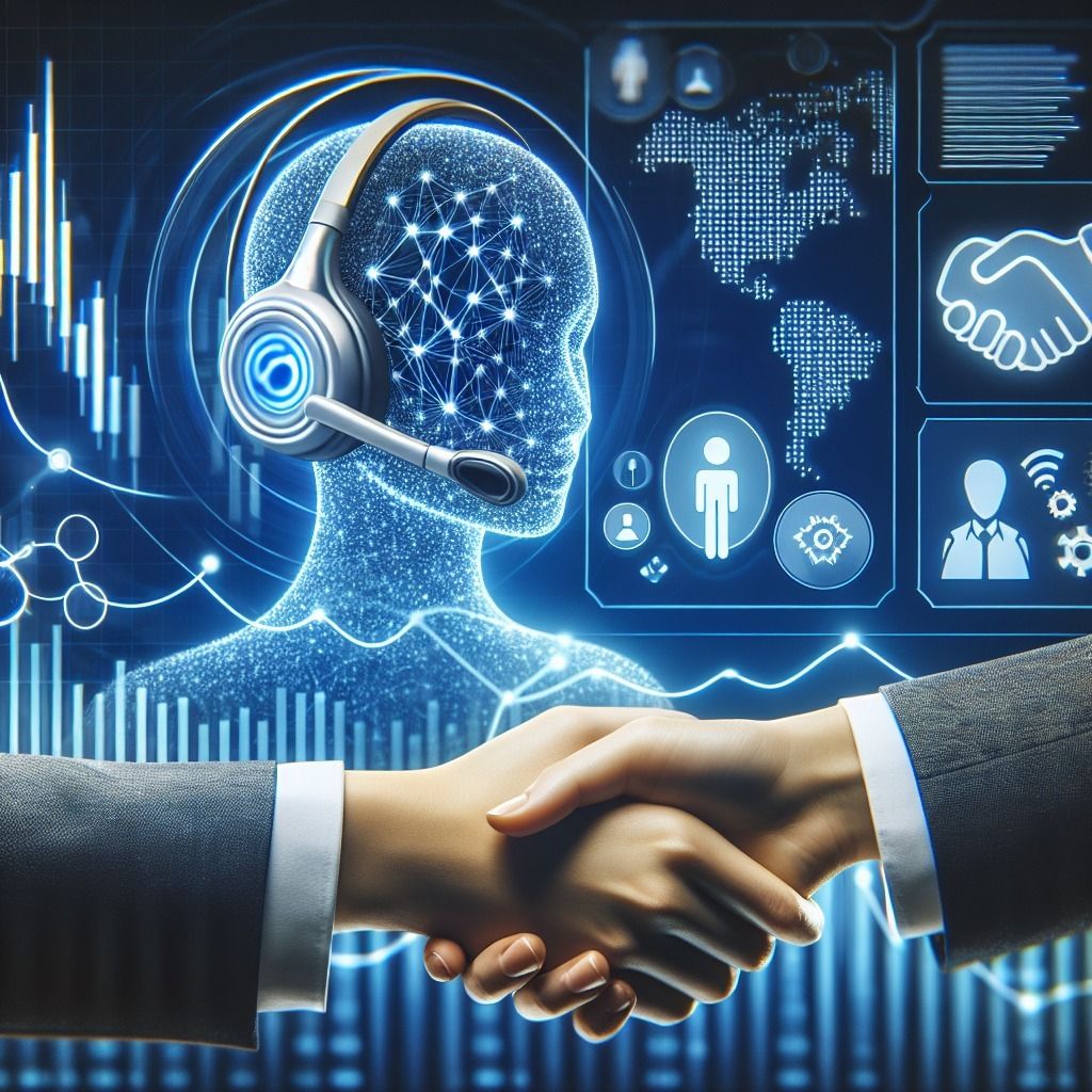 An AI voice agent represented beside a business handshake, with call performance data in the background
