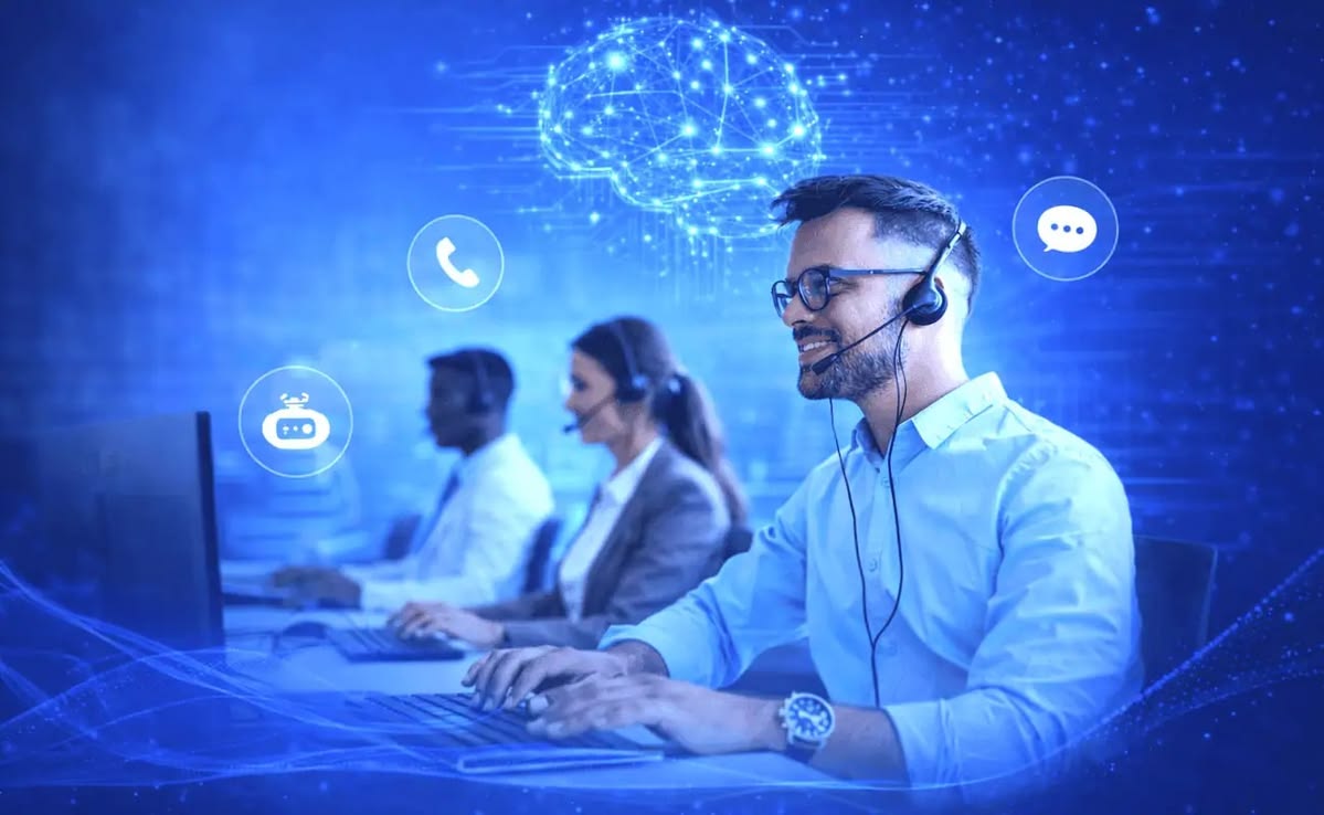 OmniAI's calling team working at their desks with an AI network overlay