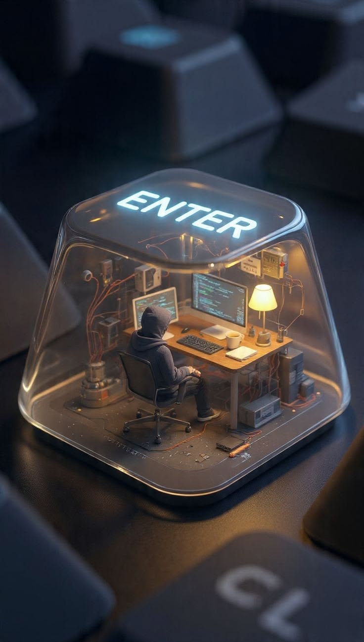 Miniature desk scene inside a glowing keyboard Enter key, representing a campaign going live with one click